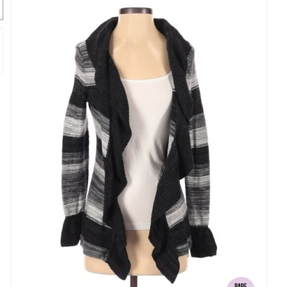 WHBM | Black Gray Striped Open Ruffle Cardigan Sweater Size XS - Picture 1 of 6